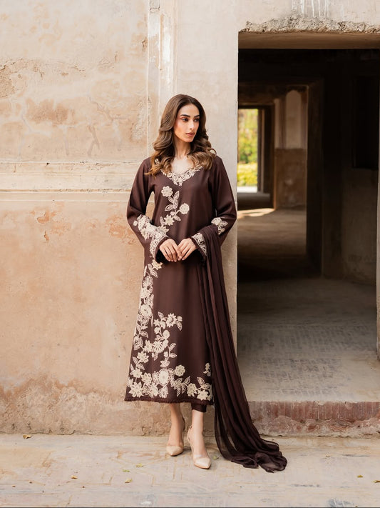 Brownish Embroidered 3Pc