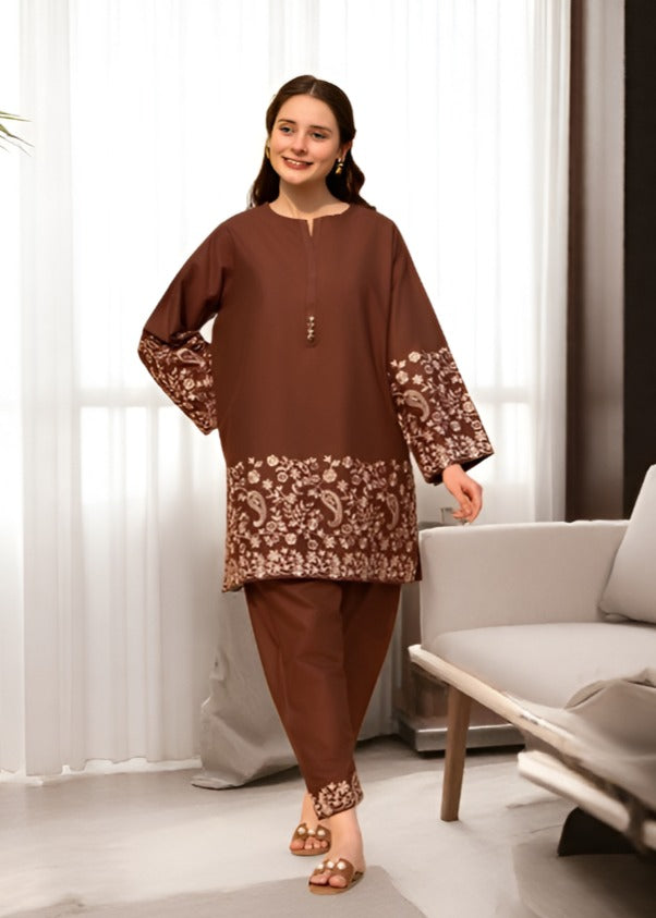 Brown Embroidered 2Pc