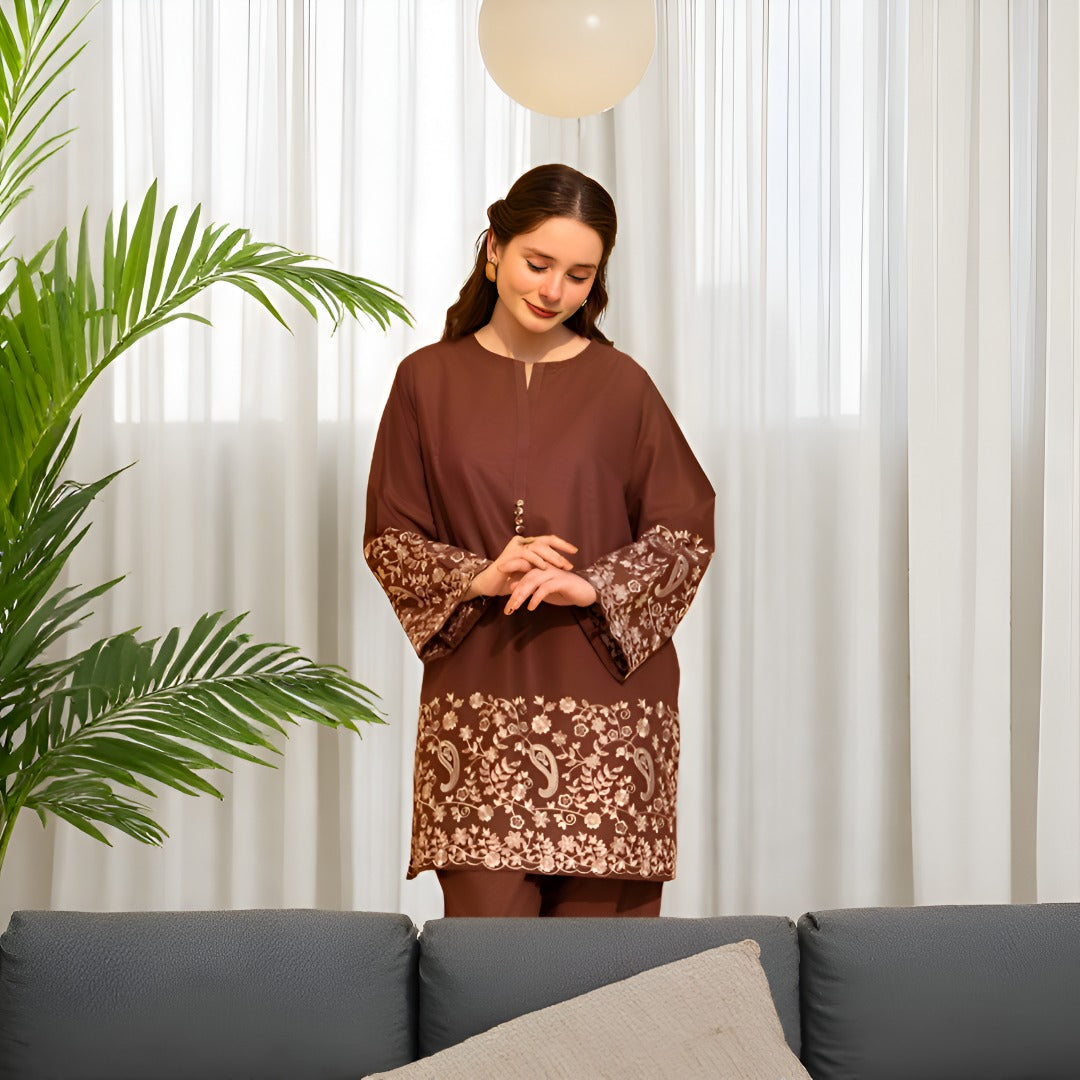 Brown Embroidered 2Pc